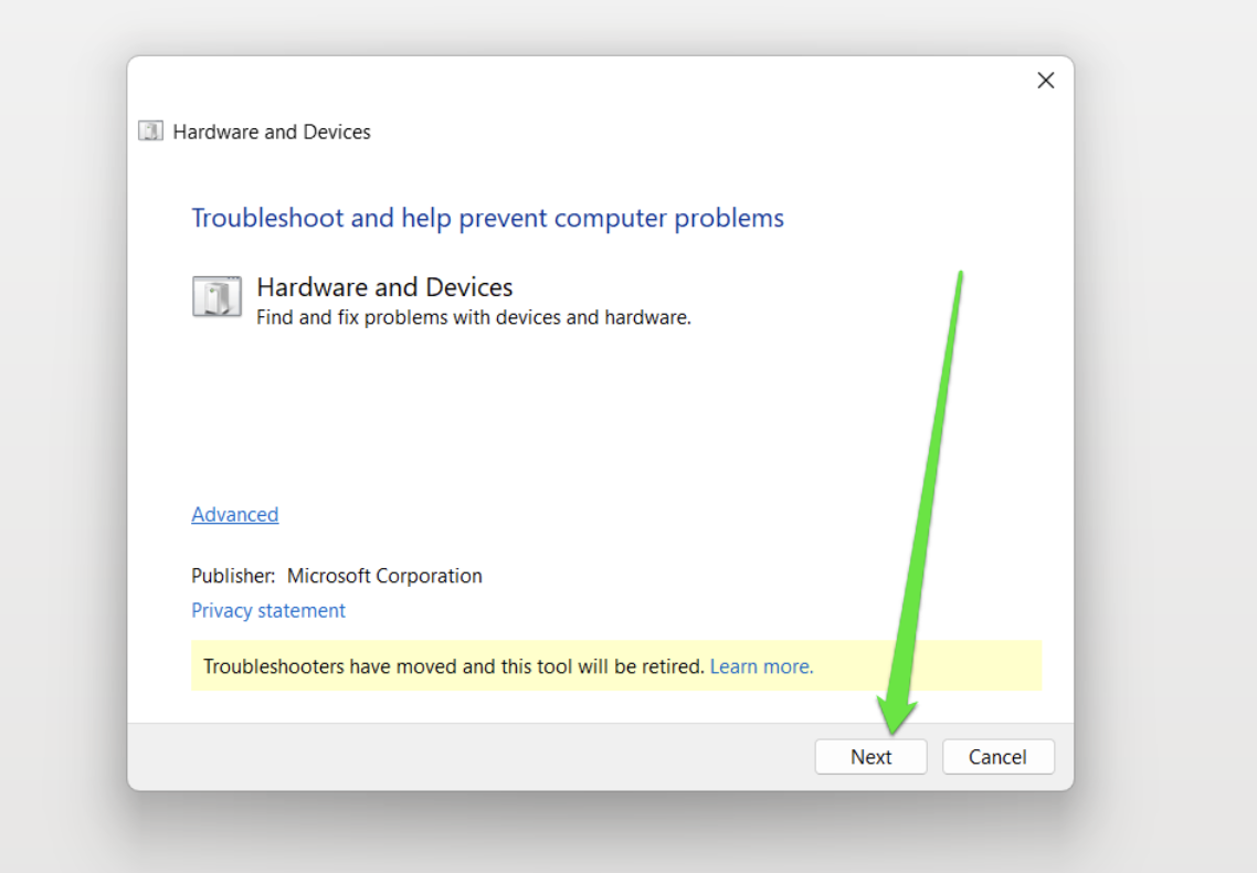 Click Next when the troubleshooter appears